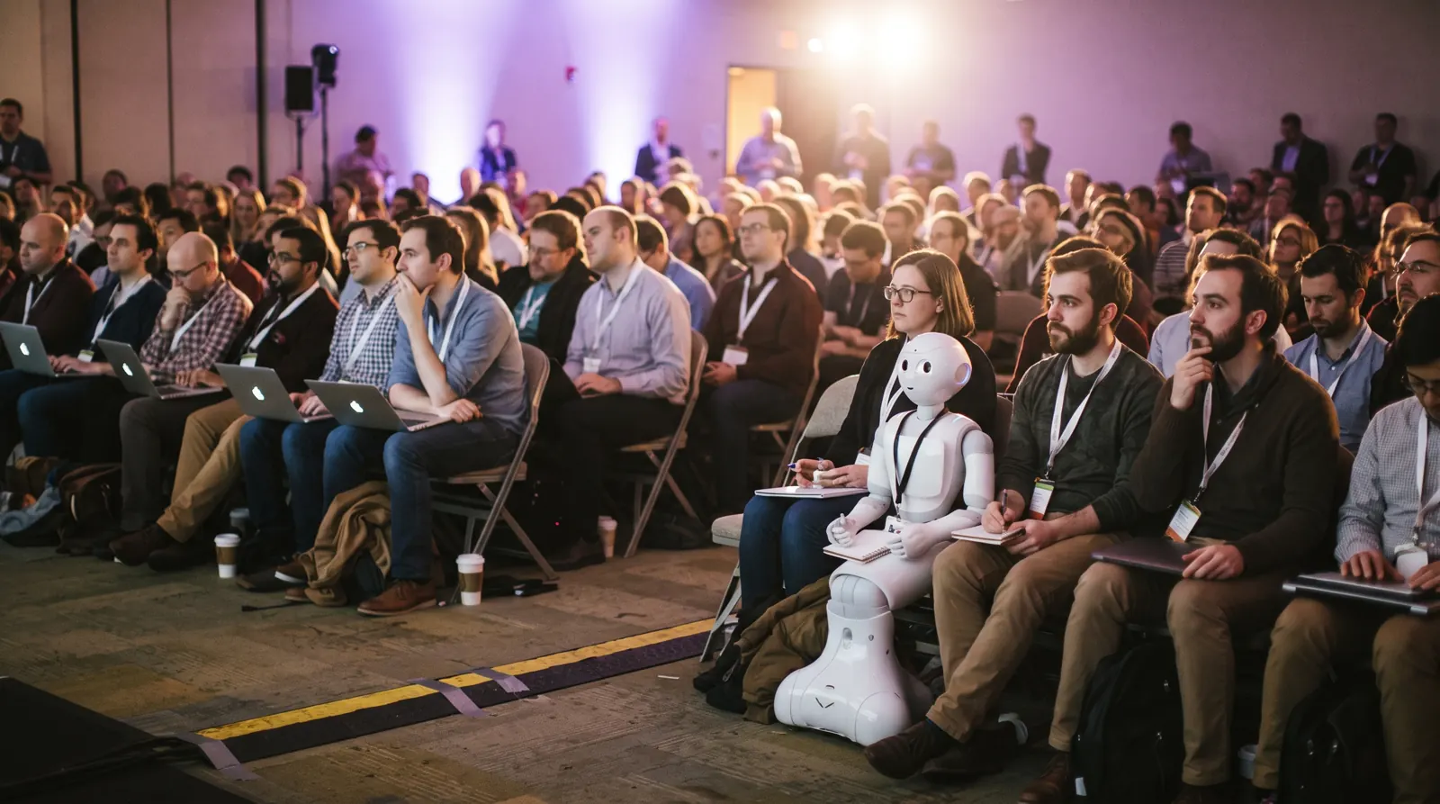 A packed conference session room seen from the front, the audience leaning in and paying close attention