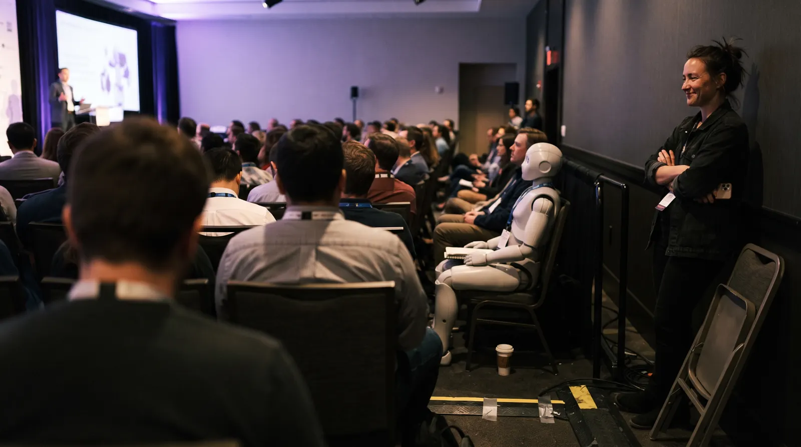An event organizer stands at the back rail of a full session room, arms folded, watching her own conference run