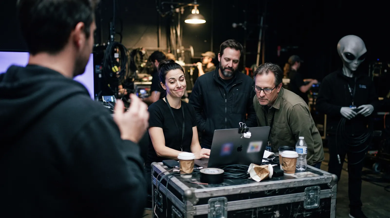 Four members of an event crew looking at a laptop on a road case backstage