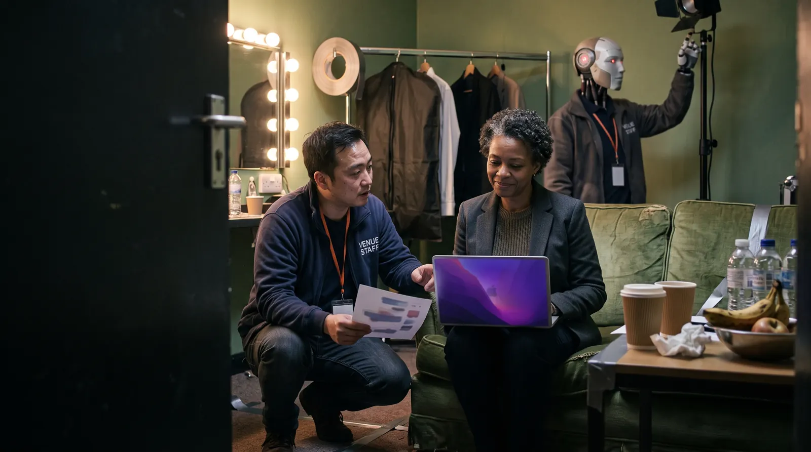 A conference speaker sits with a laptop in a green room while a crew member talks her through the running order