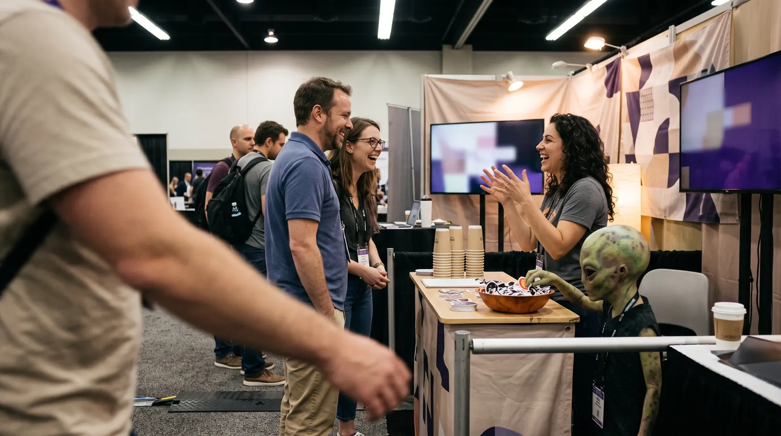 A busy sponsor booth on a conference expo floor, the staff mid-conversation with two visitors