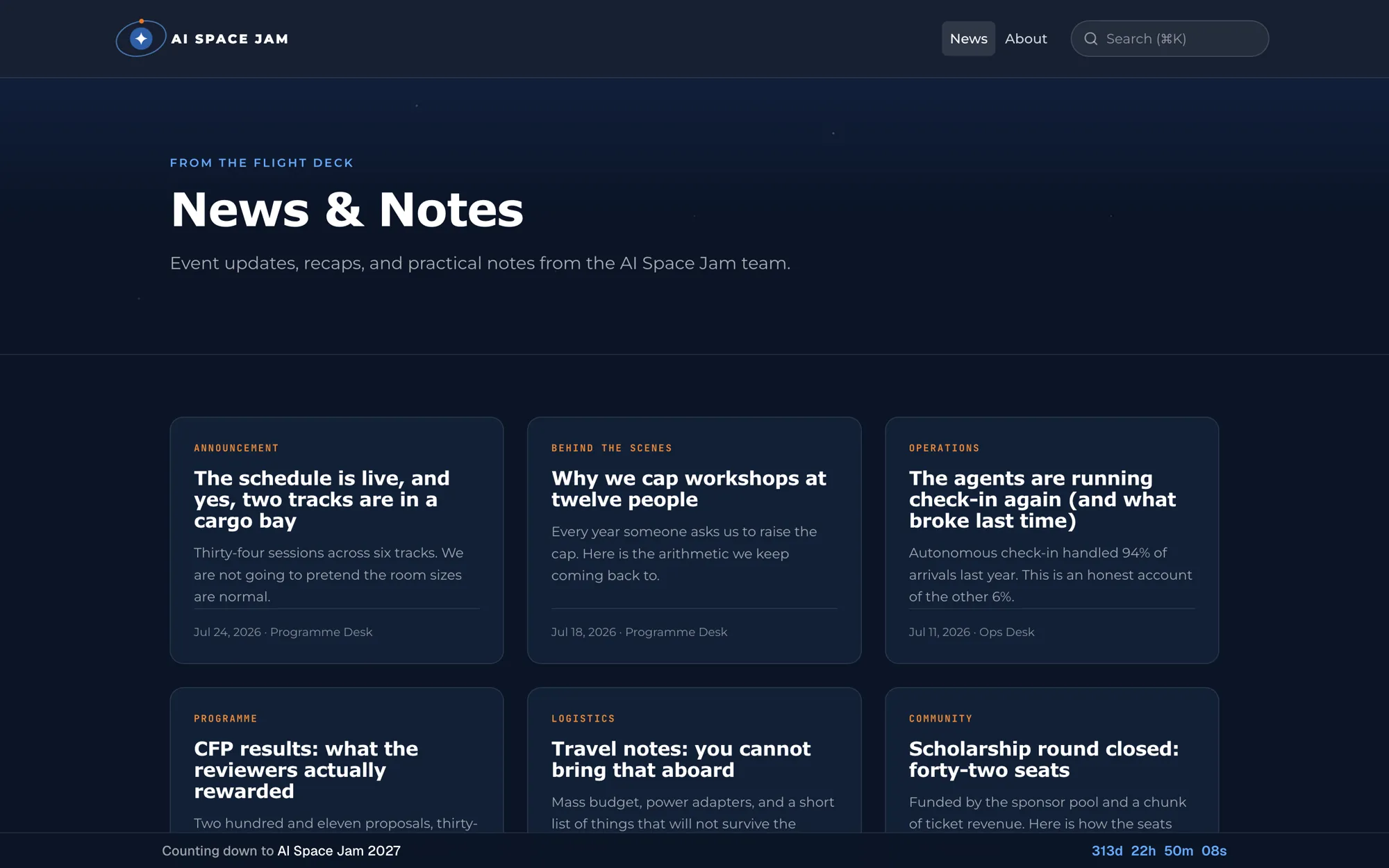 A conference news page listing announcement posts, rendered by the built-in event website