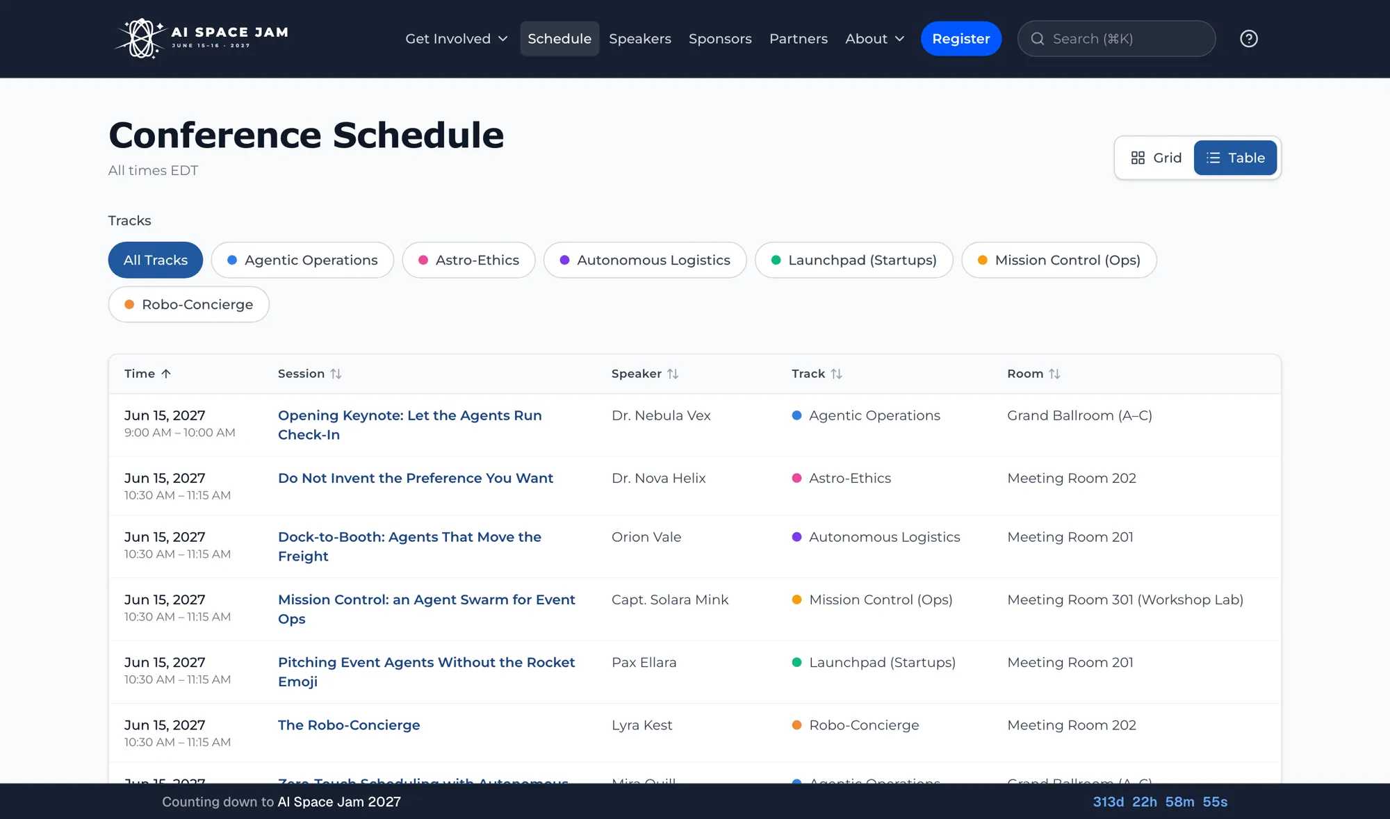 The public conference schedule page showing sessions by time, speaker, track and room